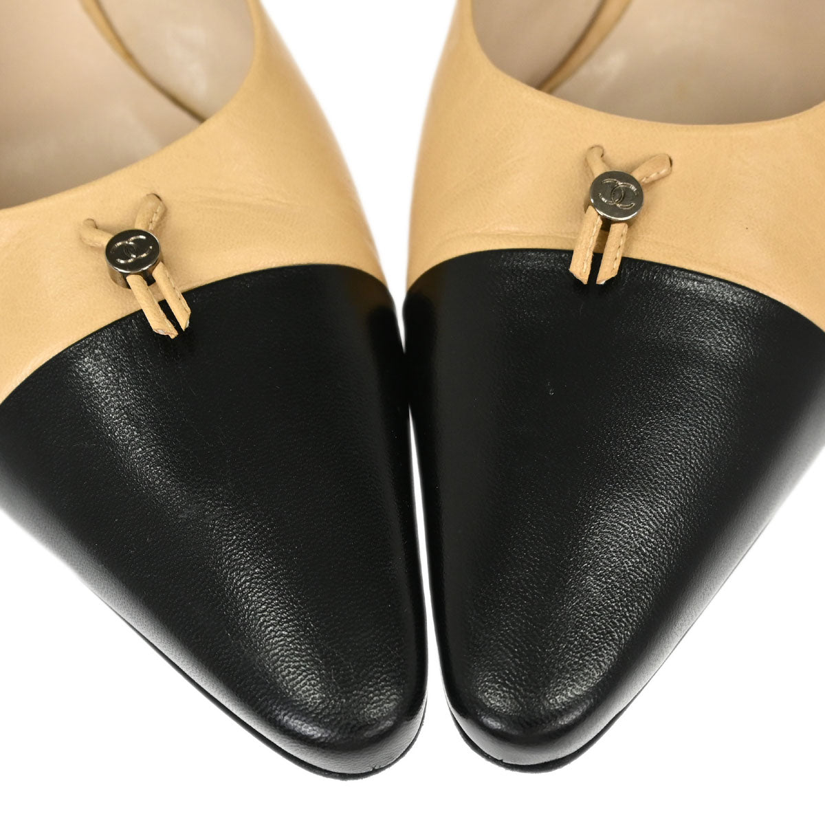 Chanel * Beige Black Leather Pumps Shoes #37 1/2