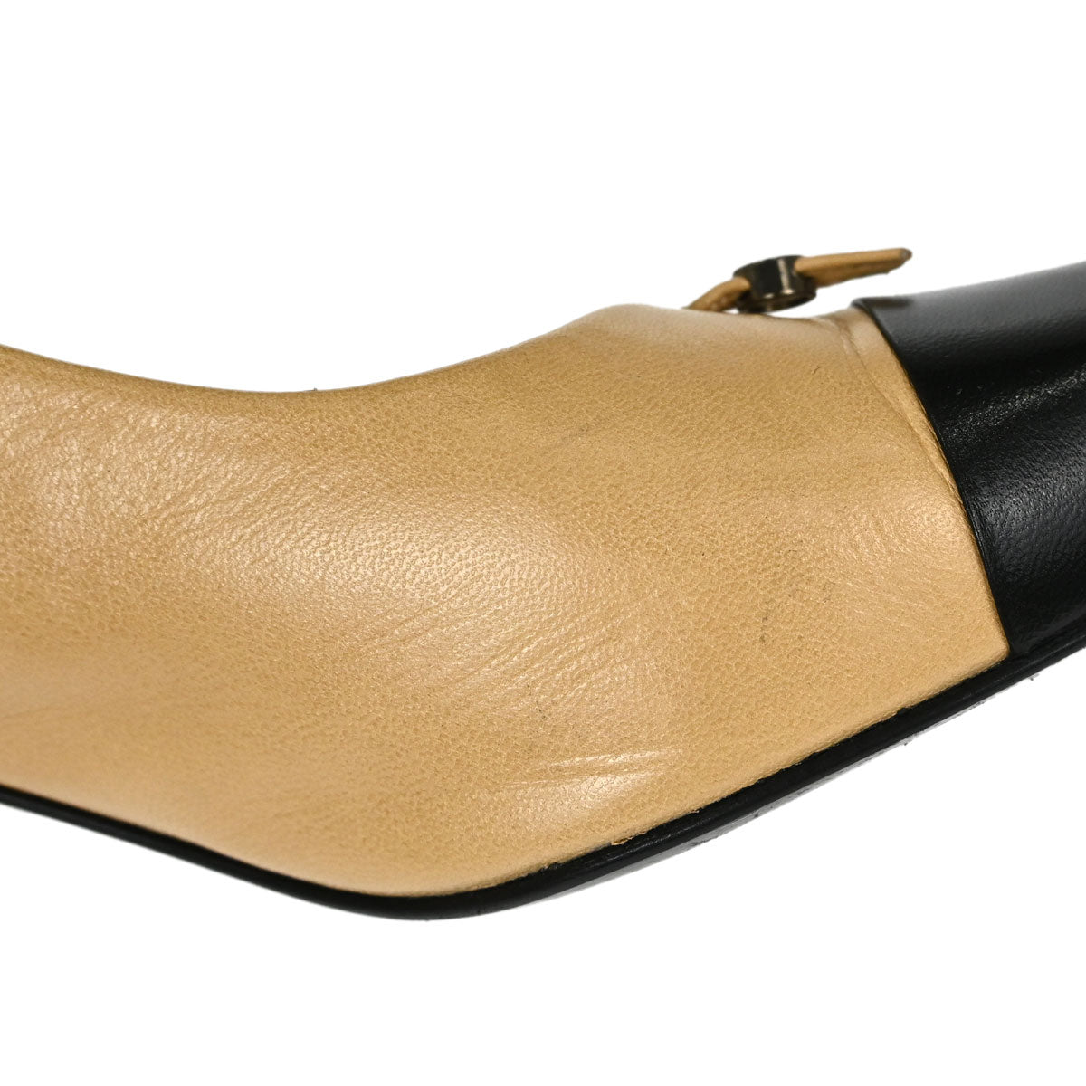 Chanel * Beige Black Leather Pumps Shoes #37 1/2