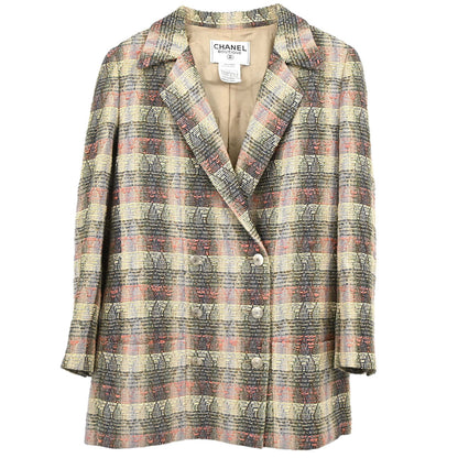 Chanel 1998 Double Breasted Check Jacket Beige #38