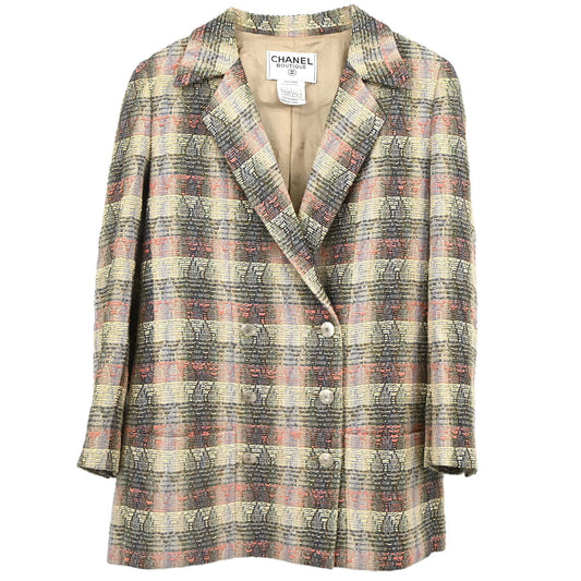 Chanel 1998 Double Breasted Check Jacket Beige #38