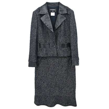 Chanel 2002 Setup Suit Jacket Skirt Tweed Black Navy 02A #36