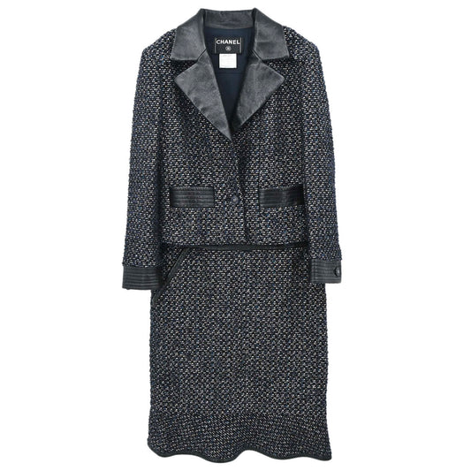Chanel 2002 Setup Suit Jacket Skirt Tweed Black Navy 02A #36
