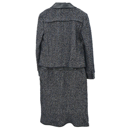 Chanel 2002 Setup Suit Jacket Skirt Tweed Black Navy 02A #36
