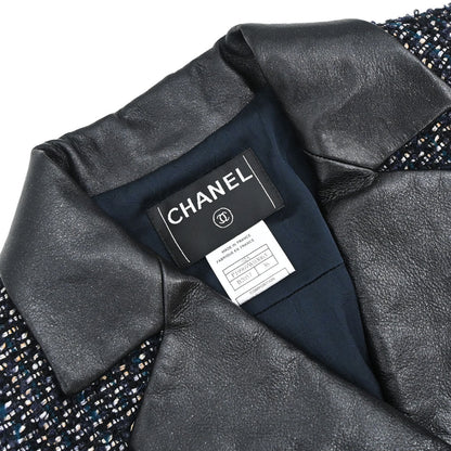 Chanel 2002 Setup Suit Jacket Skirt Tweed Black Navy 02A #36