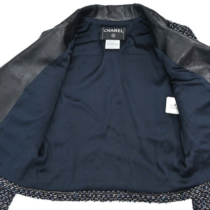 Chanel 2002 Setup Suit Jacket Skirt Tweed Black Navy 02A #36