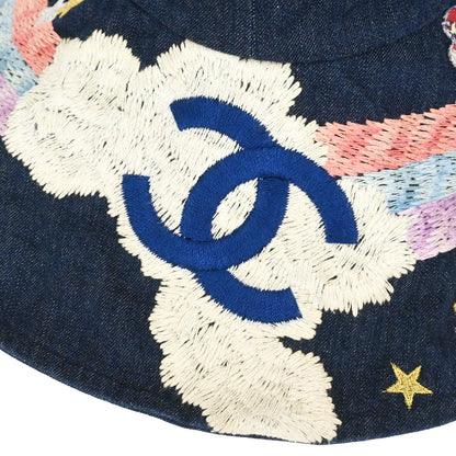 Chanel Indigo Denim Night Flight Embroidery Hat #M Small Good
