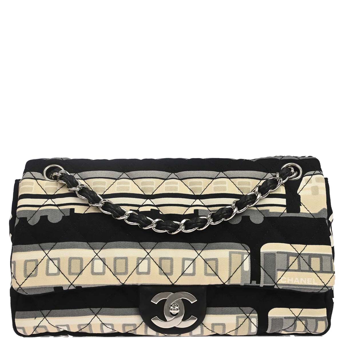 Chanel 2005-2006 Black Beige Canvas Le Train Flap Shoulder Bag