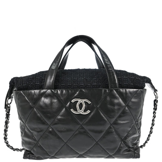 Chanel 2008-2009 Black Calfskin Tweed Portobello 2way Shoulder Handbag