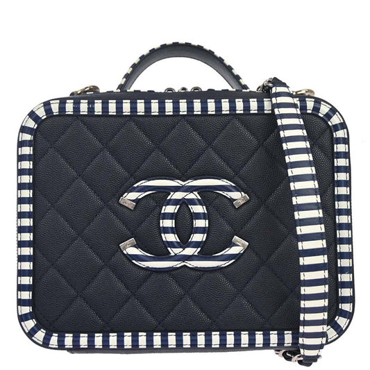 Chanel 2019 Navy Caviar Skin CC Filigree 2way Shoulder Vanity Handbag