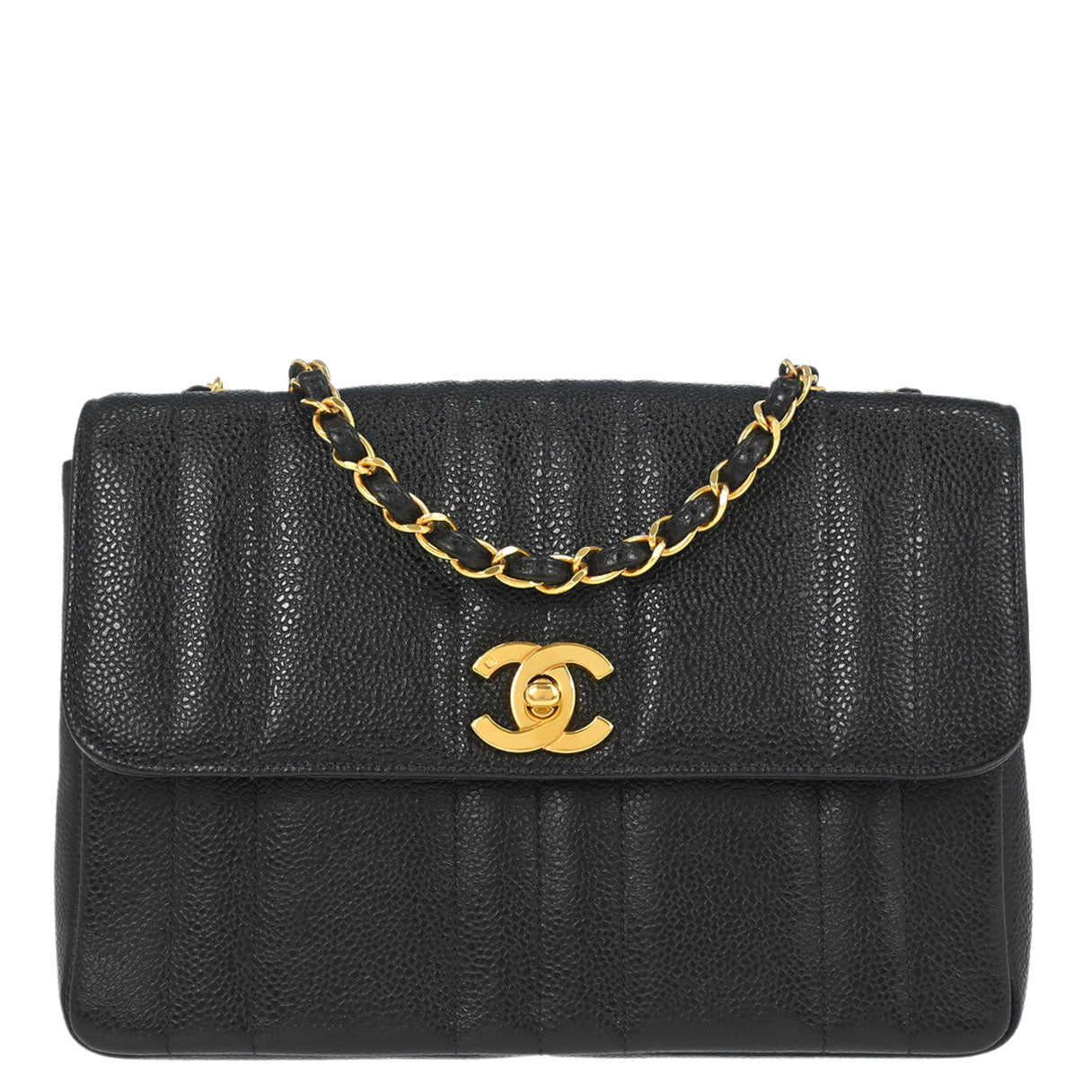 Chanel 1994-1996 Black Caviar Skin Mademoiselle Straight Flap Shoulder Bag