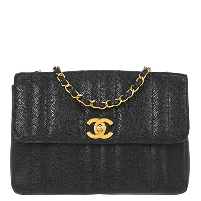 Chanel 1994-1996 Black Caviar Skin Mademoiselle Straight Flap Shoulder Bag