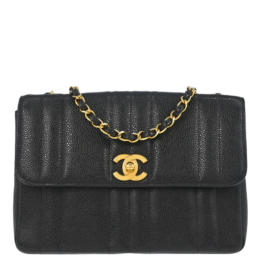 Chanel 1994-1996 Black Caviar Skin Mademoiselle Straight Flap Shoulder Bag
