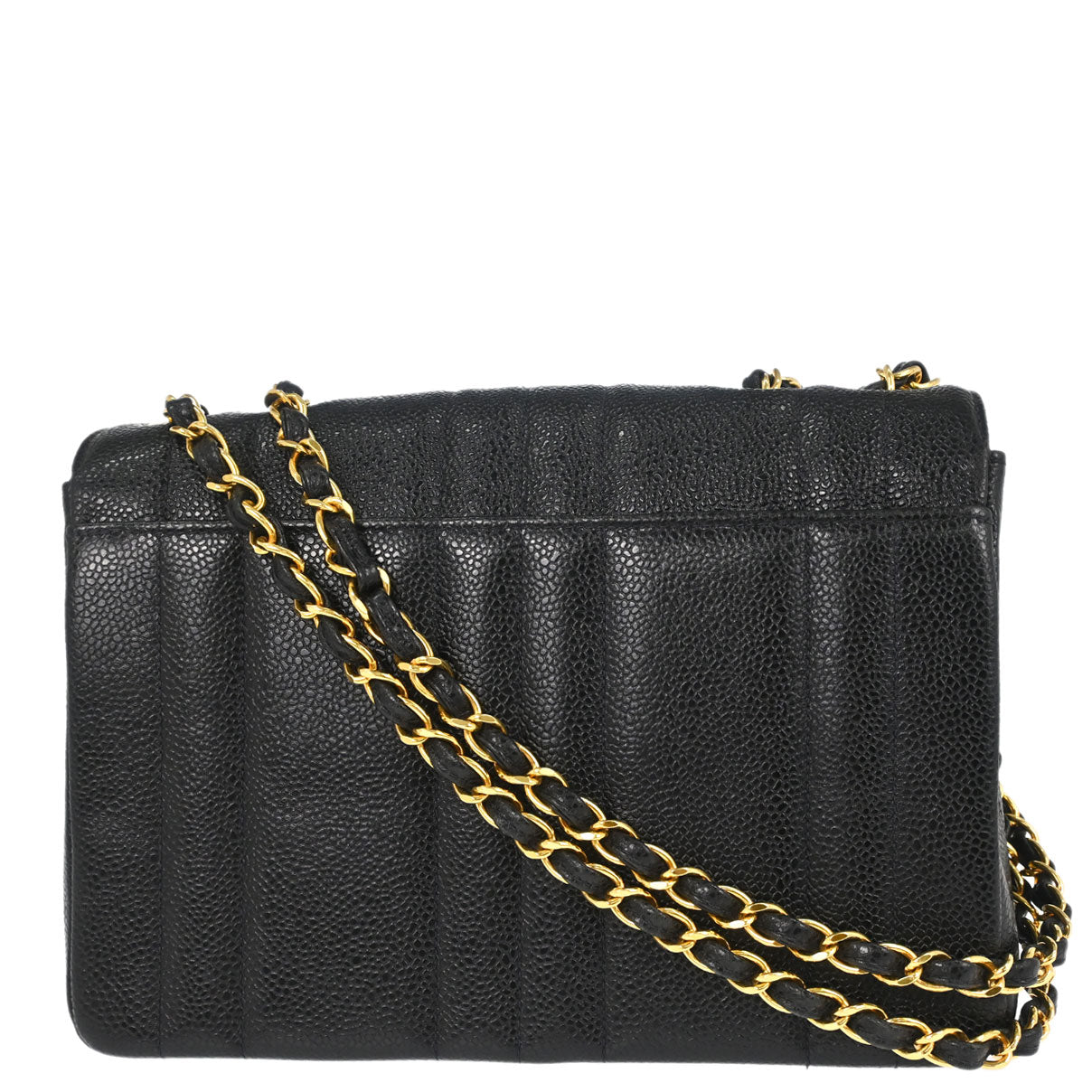 Chanel 1994-1996 Black Caviar Skin Mademoiselle Straight Flap Shoulder Bag