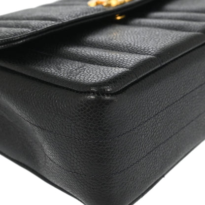 Chanel 1994-1996 Black Caviar Skin Mademoiselle Straight Flap Shoulder Bag