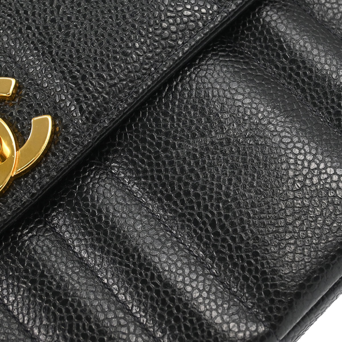 Chanel 1994-1996 Black Caviar Skin Mademoiselle Straight Flap Shoulder Bag