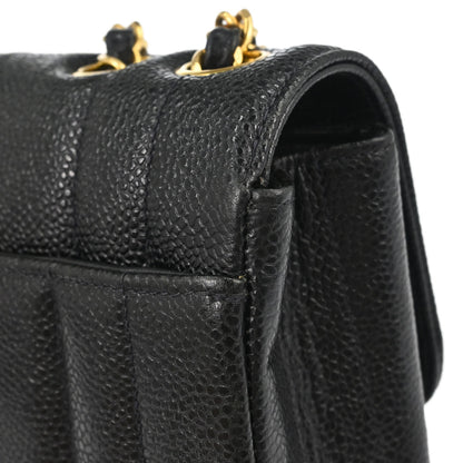 Chanel 1994-1996 Black Caviar Skin Mademoiselle Straight Flap Shoulder Bag