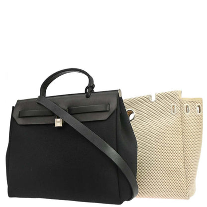 Hermes Beige Black Toile GM Officier Herbag PM 2 in 1 Handbag