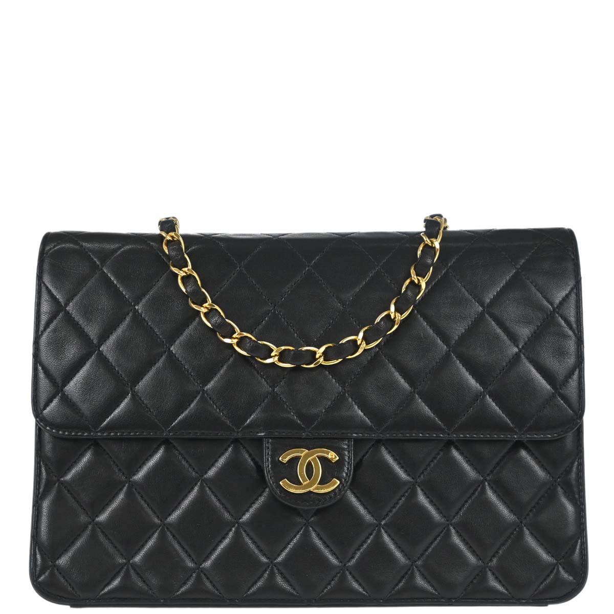Chanel Black Lambskin Pushlock Medium Half Flap Shoulder Bag