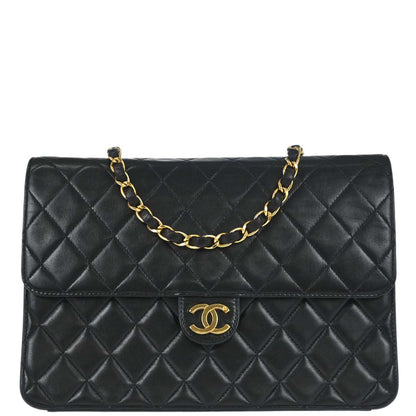 Chanel Black Lambskin Pushlock Medium Half Flap Shoulder Bag