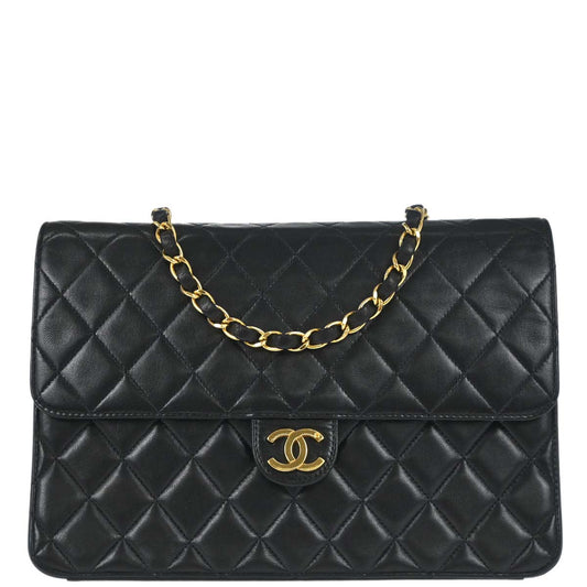Chanel Black Lambskin Pushlock Medium Half Flap Shoulder Bag