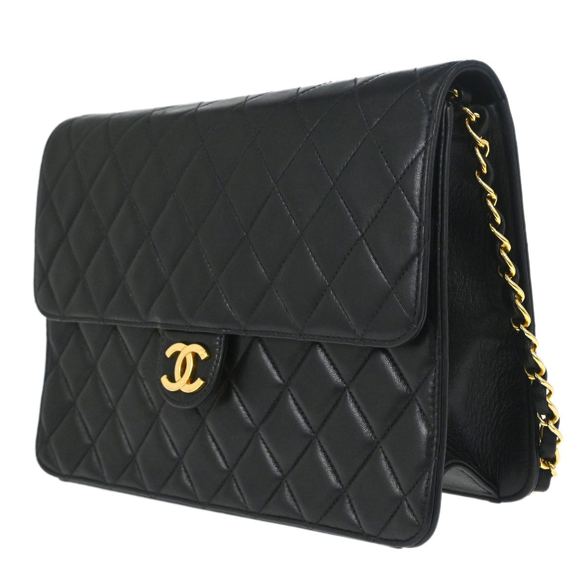 Chanel Black Lambskin Pushlock Medium Half Flap Shoulder Bag