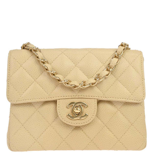 Chanel 2005-2006 Beige Caviar Skin Mini Classic Square Flap Shoulder Bag 17