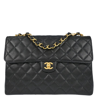Chanel 1997-1999 Black Caviar Skin Jumbo Classic Flap Shoulder Bag