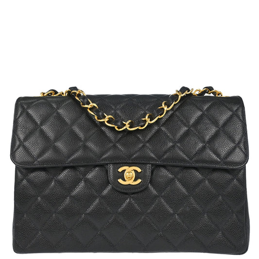 Chanel 1997-1999 Black Caviar Skin Jumbo Classic Flap Shoulder Bag