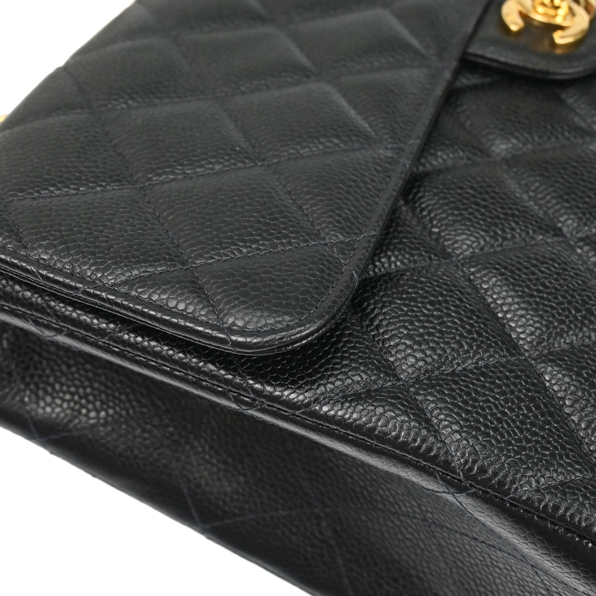 Chanel 1997-1999 Black Caviar Skin Jumbo Classic Flap Shoulder Bag