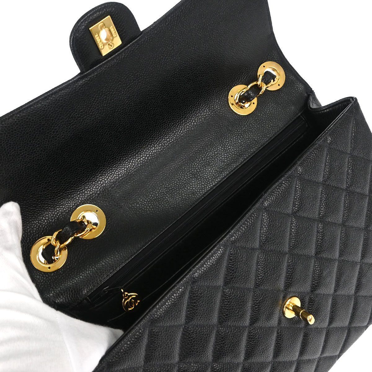 Chanel 1997-1999 Black Caviar Skin Jumbo Classic Flap Shoulder Bag