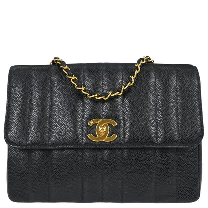 Chanel 1994-1996 Black Caviar Skin Mademoiselle Straight Flap Shoulder Bag
