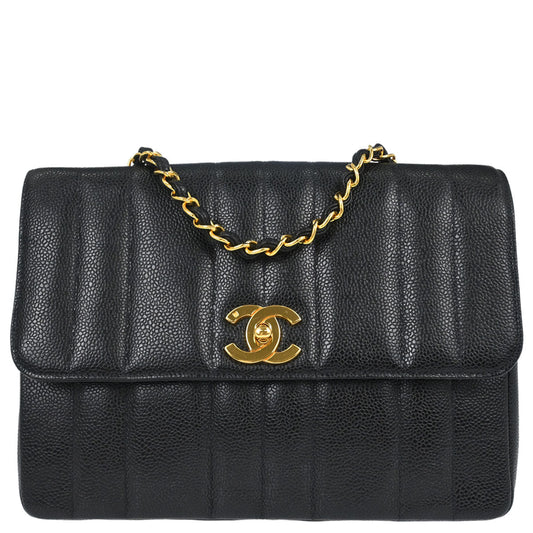 Chanel 1994-1996 Black Caviar Skin Mademoiselle Straight Flap Shoulder Bag