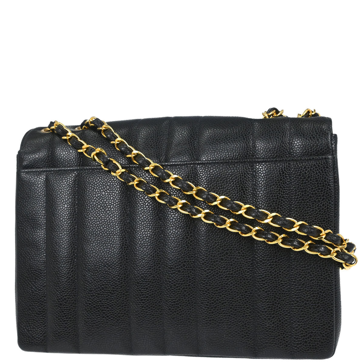 Chanel 1994-1996 Black Caviar Skin Mademoiselle Straight Flap Shoulder Bag