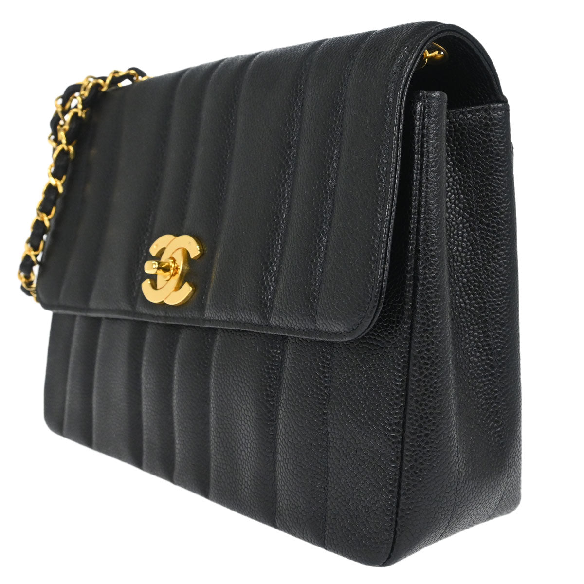 Chanel 1994-1996 Black Caviar Skin Mademoiselle Straight Flap Shoulder Bag