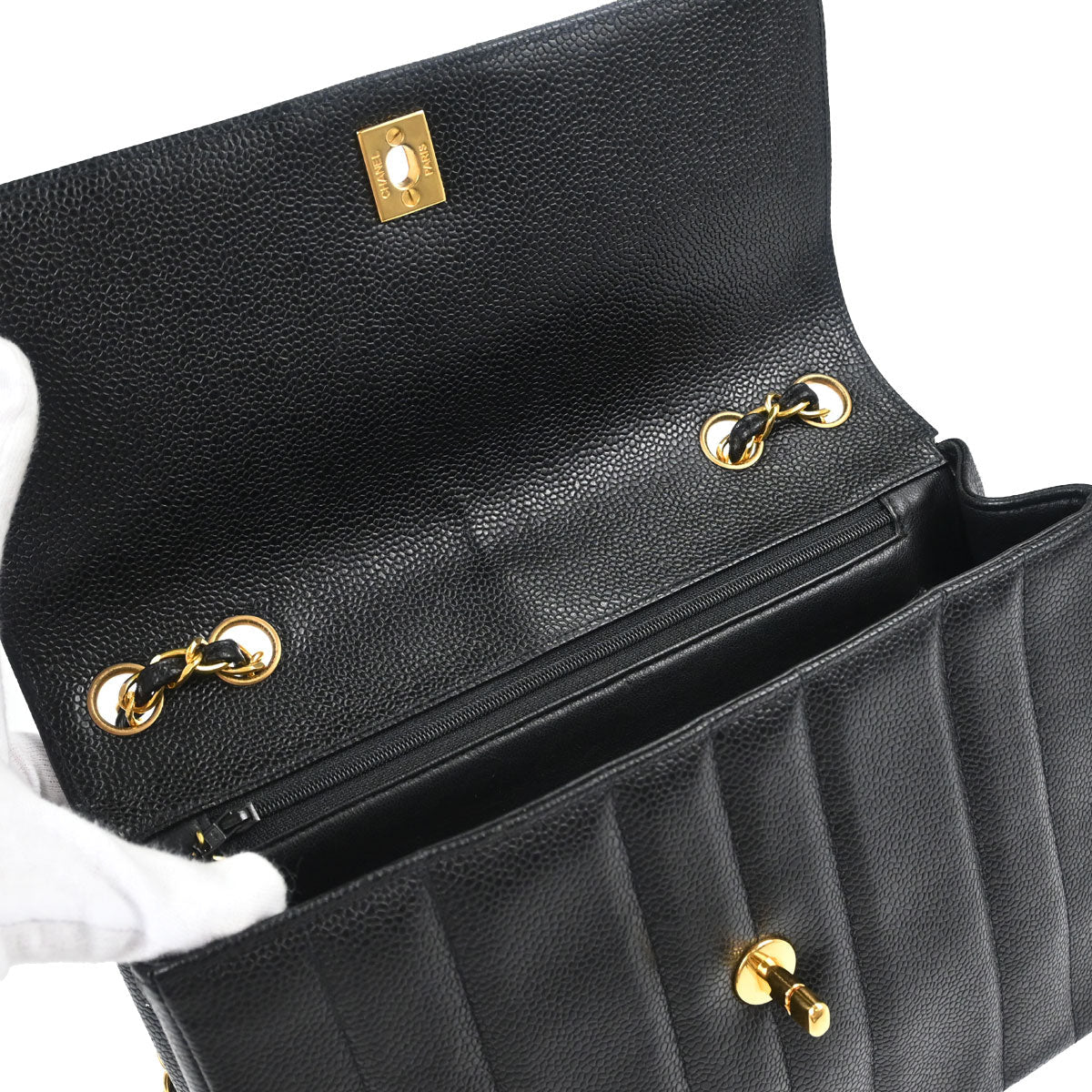 Chanel 1994-1996 Black Caviar Skin Mademoiselle Straight Flap Shoulder Bag