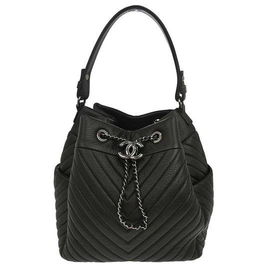 Chanel 2017 Black Deerskin Urban Spirit Chevron Drawstring Bucket Tote Handbag