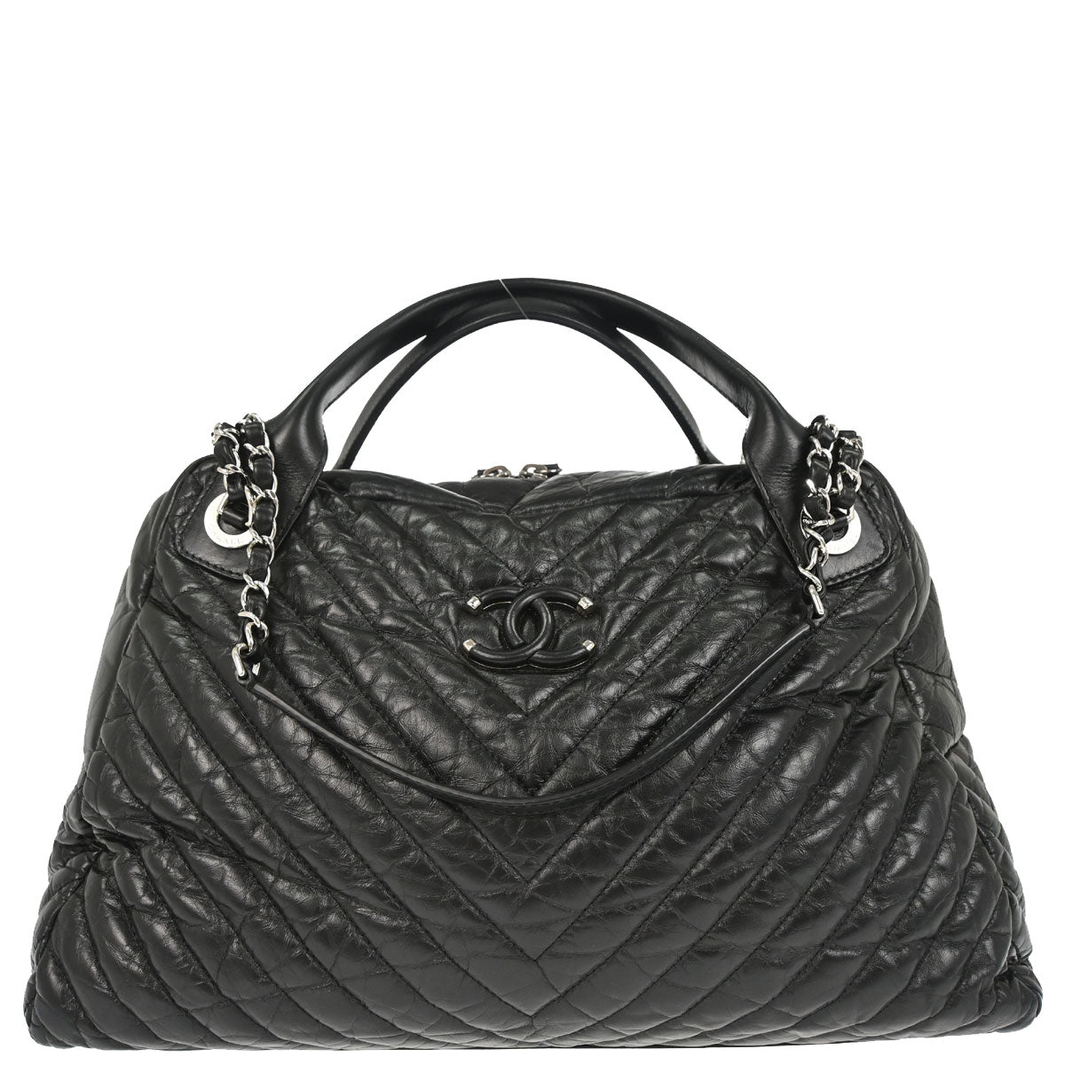 Chanel 2018 Black Calfskin Chevron Soft Bowling Bag Handbag