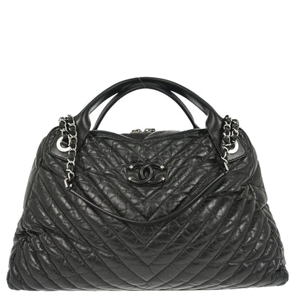 Chanel 2018 Black Calfskin Chevron Soft Bowling Bag Handbag