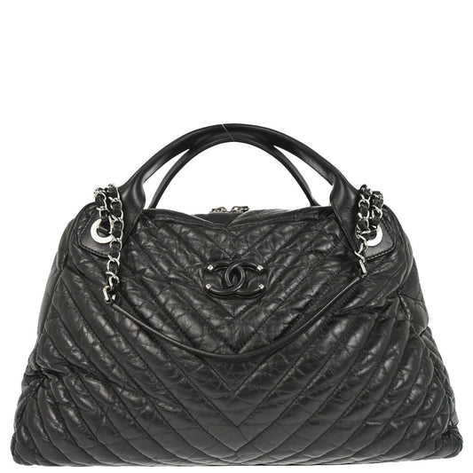 Chanel 2018 Black Calfskin Chevron Soft Bowling Bag Handbag