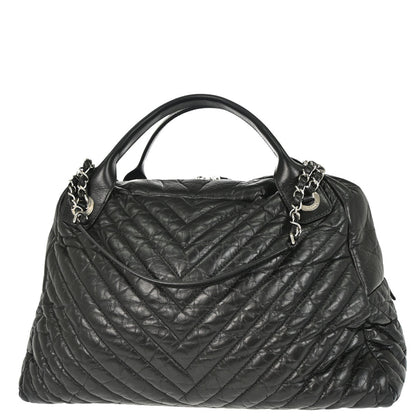 Chanel 2018 Black Calfskin Chevron Soft Bowling Bag Handbag