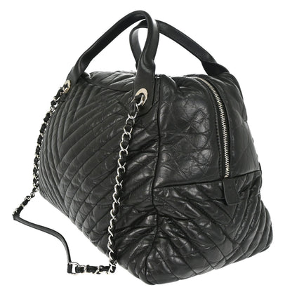 Chanel 2018 Black Calfskin Chevron Soft Bowling Bag Handbag