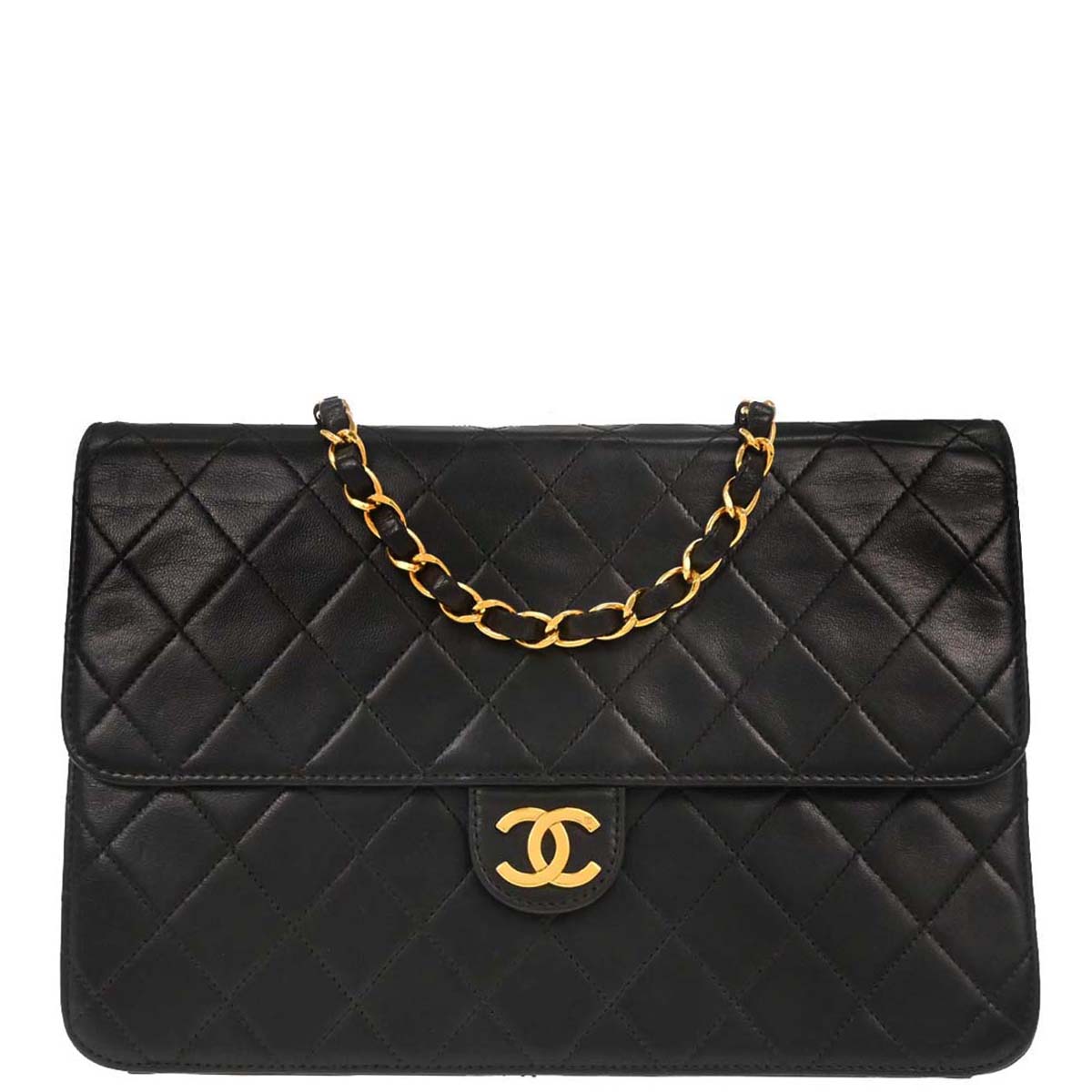 Chanel 1997-1999 Black Lambskin Pushlock Medium Half Flap Shoulder Bag