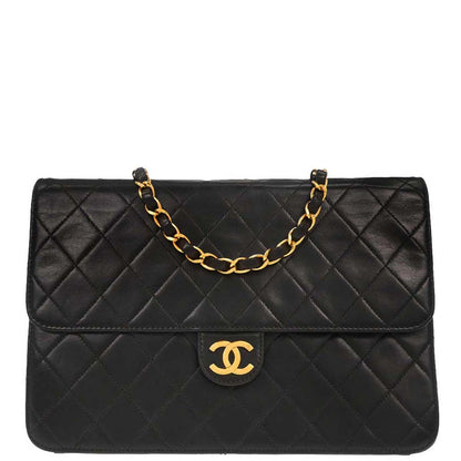 Chanel 1997-1999 Black Lambskin Pushlock Medium Half Flap Shoulder Bag