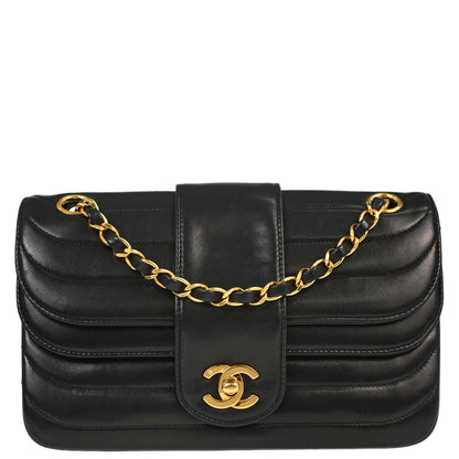 Chanel 1991-1994 Black Lambskin Horizontal Stitch Small Double Flap Shoulder Bag