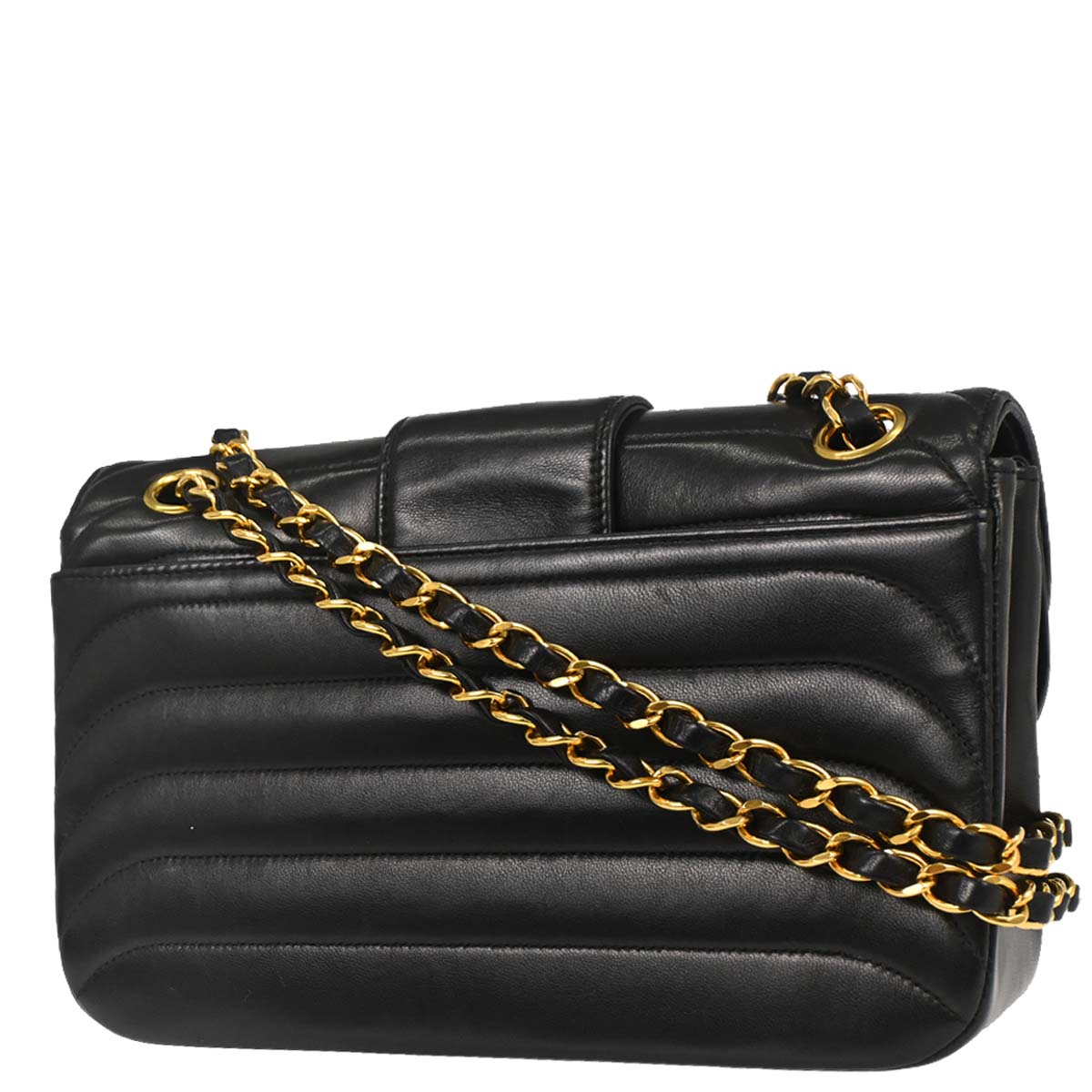 Chanel 1991-1994 Black Lambskin Horizontal Stitch Small Double Flap Shoulder Bag