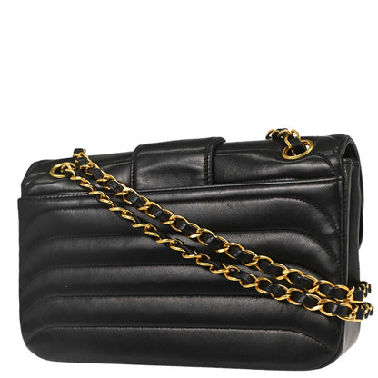 Chanel 1991-1994 Black Lambskin Horizontal Stitch Small Double Flap Shoulder Bag
