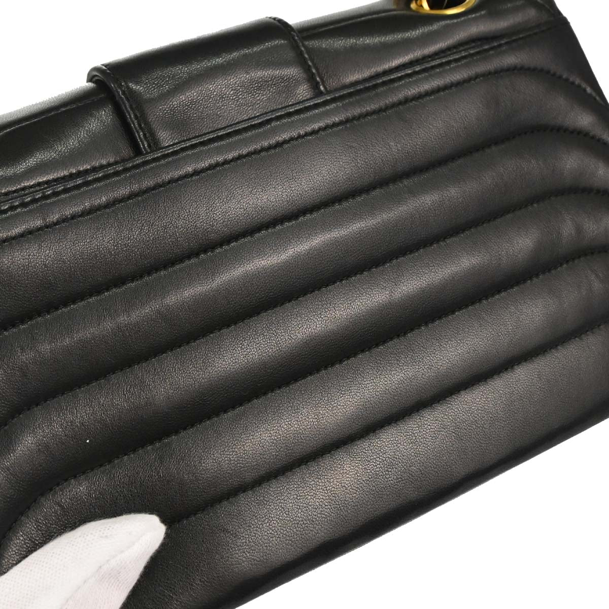 Chanel 1991-1994 Black Lambskin Horizontal Stitch Small Double Flap Shoulder Bag