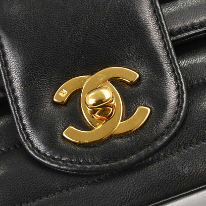 Chanel 1991-1994 Black Lambskin Horizontal Stitch Small Double Flap Shoulder Bag