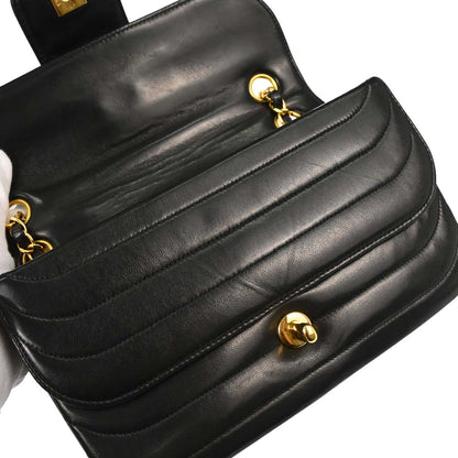 Chanel 1991-1994 Black Lambskin Horizontal Stitch Small Double Flap Shoulder Bag