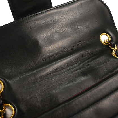 Chanel 1991-1994 Black Lambskin Horizontal Stitch Small Double Flap Shoulder Bag